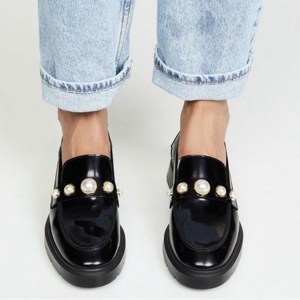 Stuart Weitzman Suki Loafers Leather Faux Pearl Chunky Academia Flats, Black
